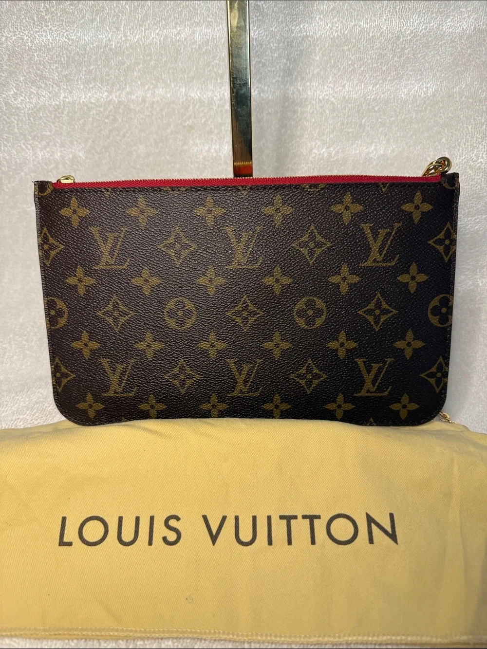 LOUIS VUITTON 2015 Neverfull Pouch MM/GM with 2 chains